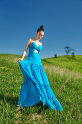 Silk Cut-Out Maxi Dress with Ruched Bodice and Flowing Hem – Elegant Resortwear Silhouette